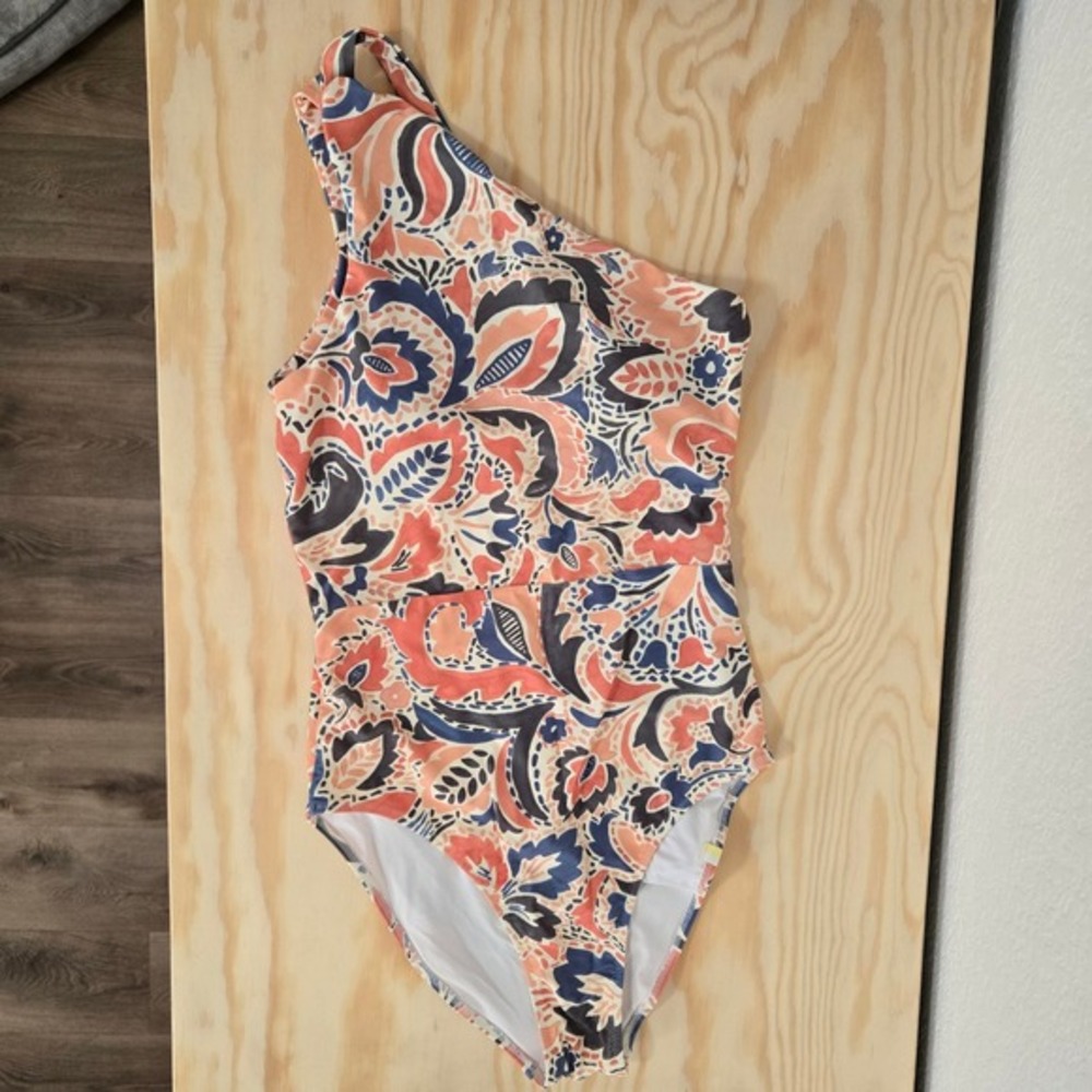 summersalt Asymmetric One-Shoulder Paisley One-Piece in Coral, Navy & Cream